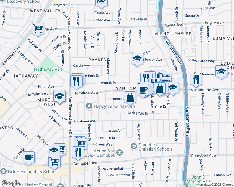 map of restaurants, bars, coffee shops, grocery stores, and more near 1111 West Hamilton Avenue in Campbell