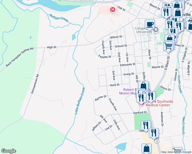 map of restaurants, bars, coffee shops, grocery stores, and more near 701 Pinecrest Road in Farmville