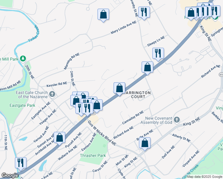 map of restaurants, bars, coffee shops, grocery stores, and more near 2512 Daleton Boulevard Northeast in Roanoke