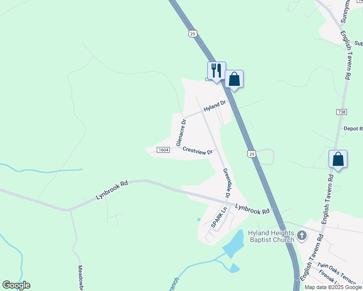 map of restaurants, bars, coffee shops, grocery stores, and more near 179 Crestview Drive in Rustburg