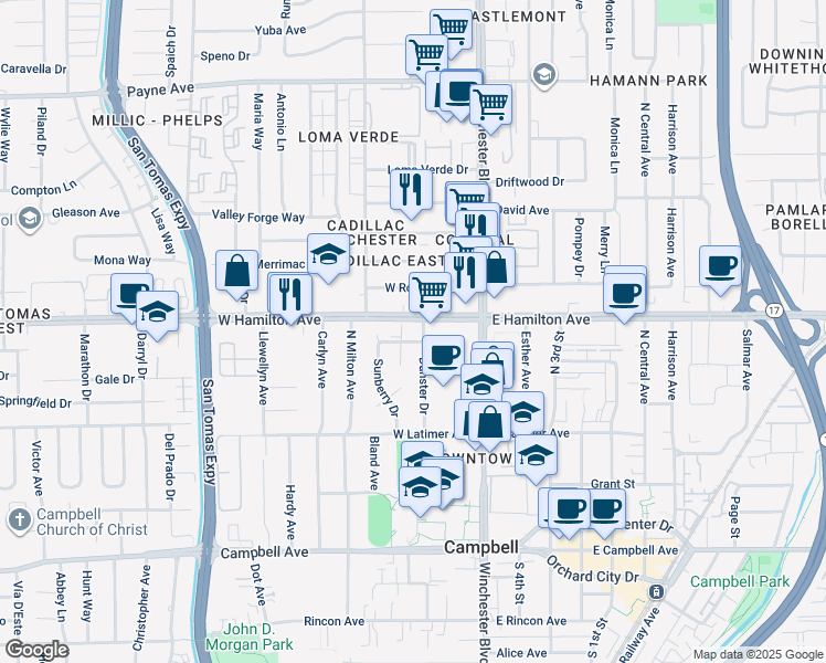 map of restaurants, bars, coffee shops, grocery stores, and more near 150 West Hamilton Avenue in Campbell