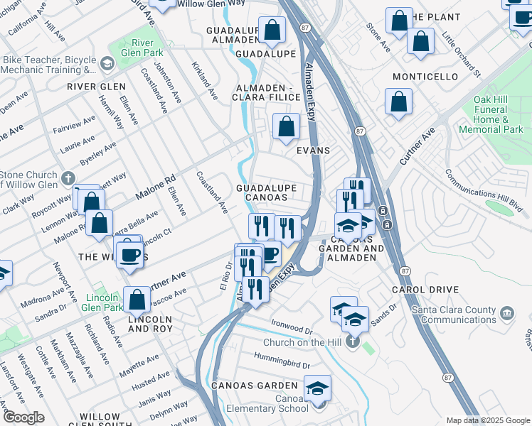 map of restaurants, bars, coffee shops, grocery stores, and more near 2206 Almaden Road in San Jose