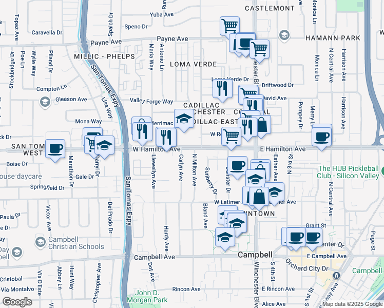 map of restaurants, bars, coffee shops, grocery stores, and more near 225 West Hamilton Avenue in Campbell