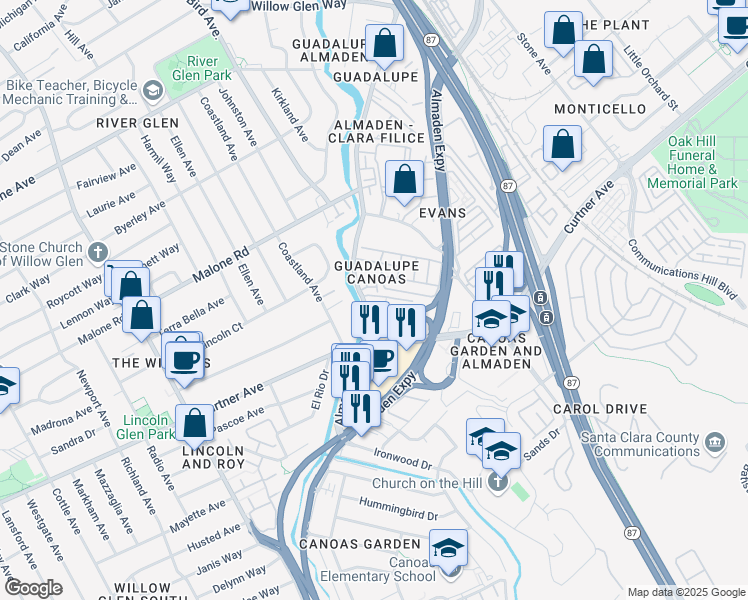 map of restaurants, bars, coffee shops, grocery stores, and more near 2204 Almaden Road in San Jose
