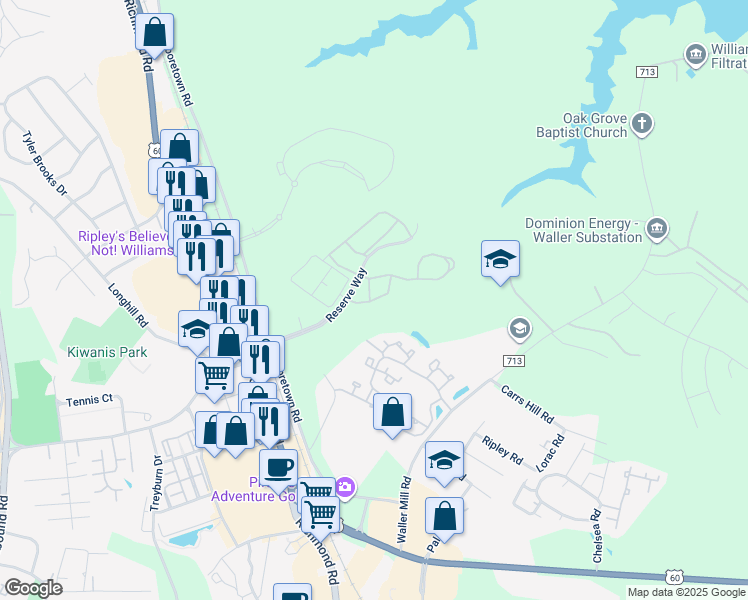 map of restaurants, bars, coffee shops, grocery stores, and more near 101 Christopher Lane in Williamsburg