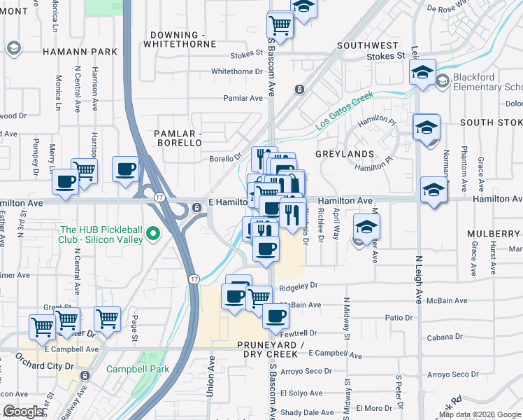map of restaurants, bars, coffee shops, grocery stores, and more near 990 East Hamilton Avenue in Campbell