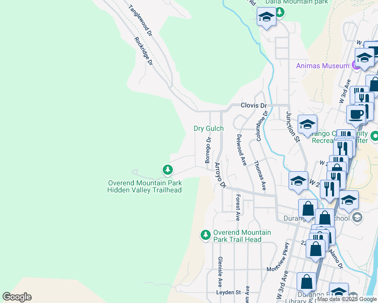 map of restaurants, bars, coffee shops, grocery stores, and more near 903 North Hidden Valley Circle in Durango