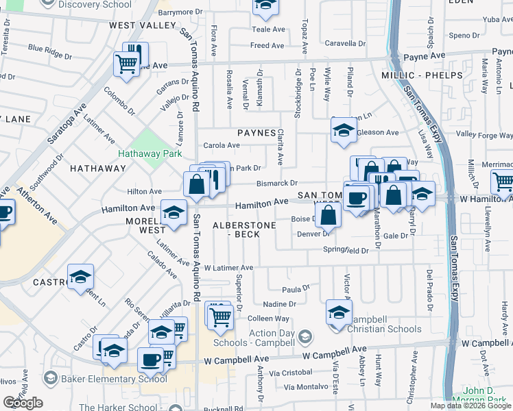 map of restaurants, bars, coffee shops, grocery stores, and more near Hamilton Ave & Cloverdale Ln in San Jose