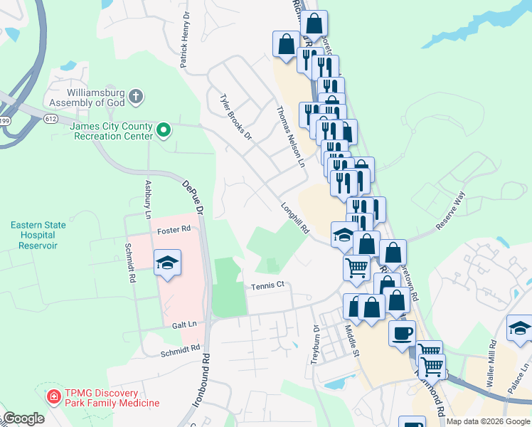 map of restaurants, bars, coffee shops, grocery stores, and more near 191 Lewis Robert Lane in Williamsburg