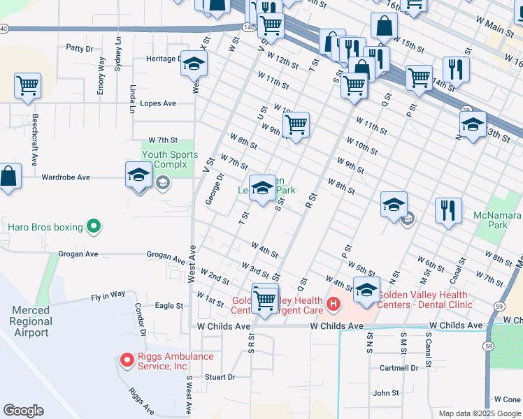 map of restaurants, bars, coffee shops, grocery stores, and more near 1240 West 6th Street in Merced