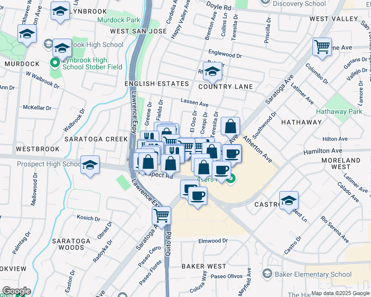 map of restaurants, bars, coffee shops, grocery stores, and more near 5150 Graves Avenue in San Jose