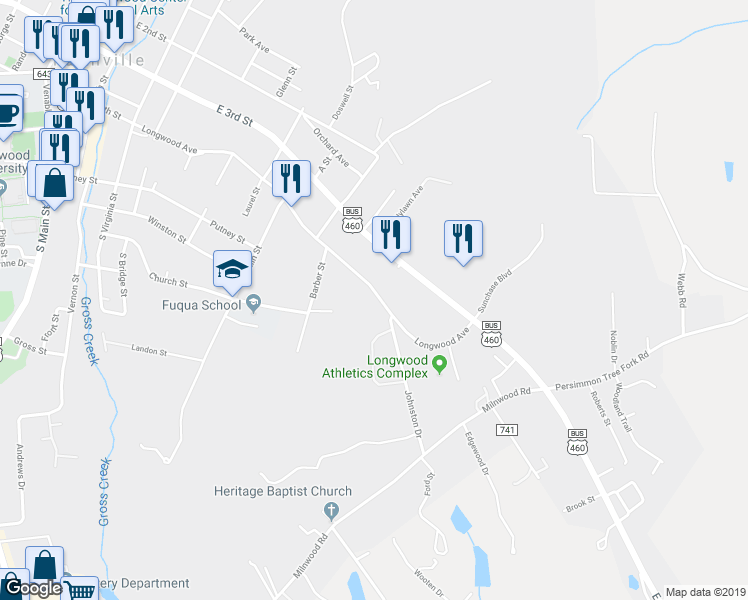 map of restaurants, bars, coffee shops, grocery stores, and more near 1205 Longwood Avenue in Farmville
