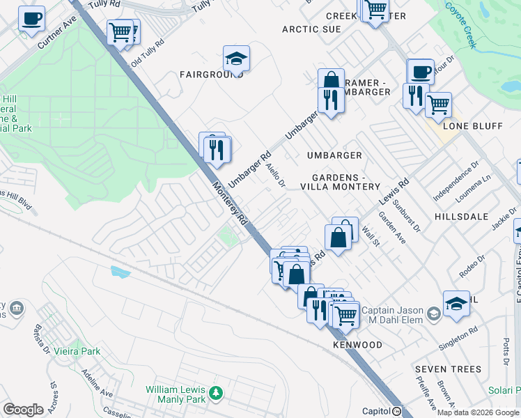 map of restaurants, bars, coffee shops, grocery stores, and more near 2750 Monterey Road in San Jose