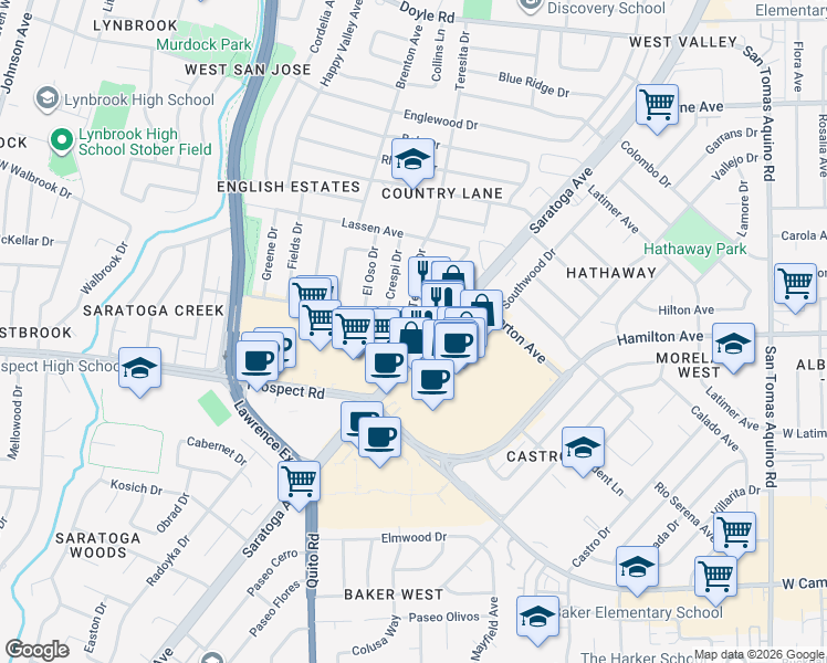 map of restaurants, bars, coffee shops, grocery stores, and more near 1550 Teresita Drive in San Jose