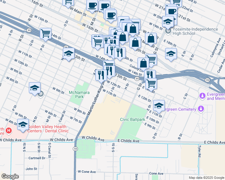 map of restaurants, bars, coffee shops, grocery stores, and more near 1114 I Street in Merced