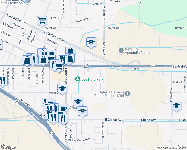 map of restaurants, bars, coffee shops, grocery stores, and more near 2240 Golden Oak Lane in Merced