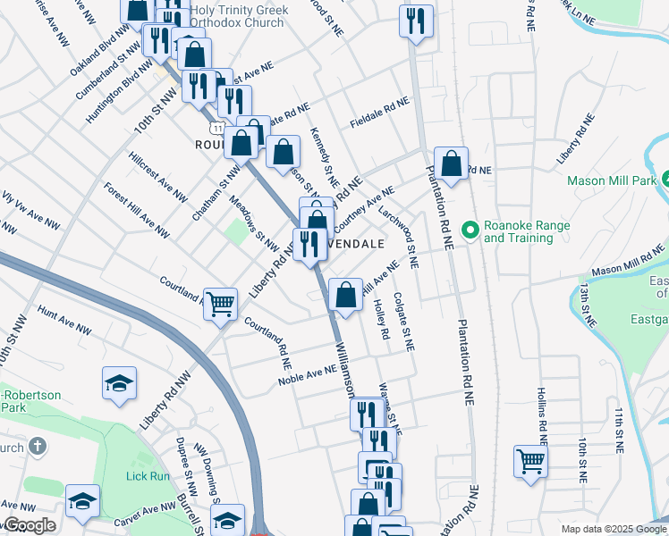 map of restaurants, bars, coffee shops, grocery stores, and more near 117 Avendale Avenue Northeast in Roanoke