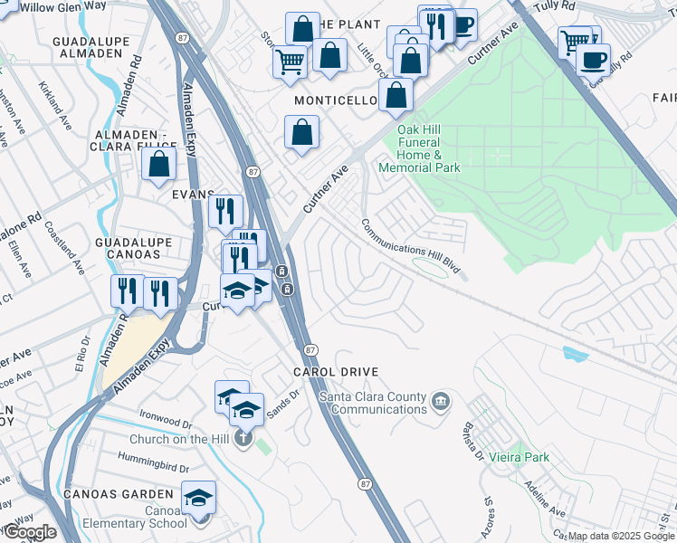 map of restaurants, bars, coffee shops, grocery stores, and more near 485 Mill Pond Drive in San Jose