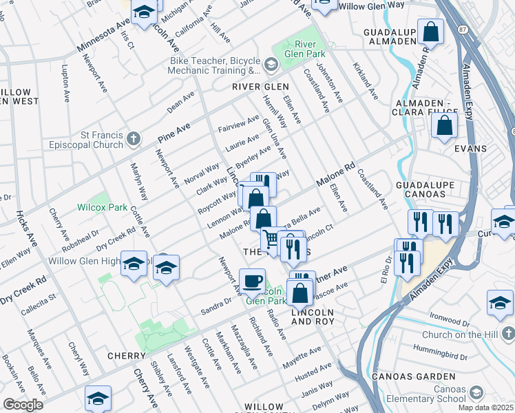 map of restaurants, bars, coffee shops, grocery stores, and more near 1084 Bennett Way in San Jose
