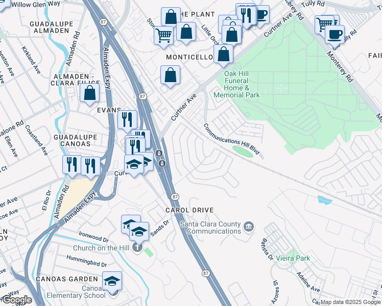 map of restaurants, bars, coffee shops, grocery stores, and more near 485 Mill Pond Drive in San Jose