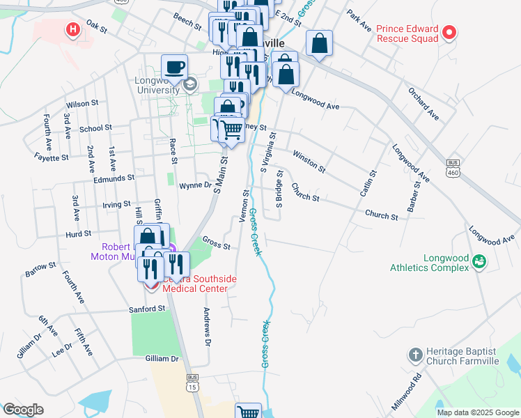 map of restaurants, bars, coffee shops, grocery stores, and more near 507 South Virginia Street in Farmville