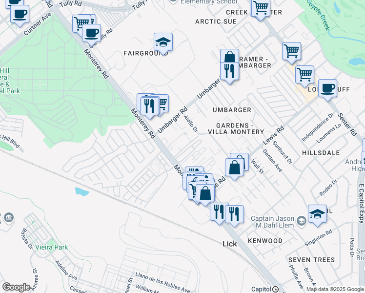 map of restaurants, bars, coffee shops, grocery stores, and more near 2772 Monterey Highway in San Jose