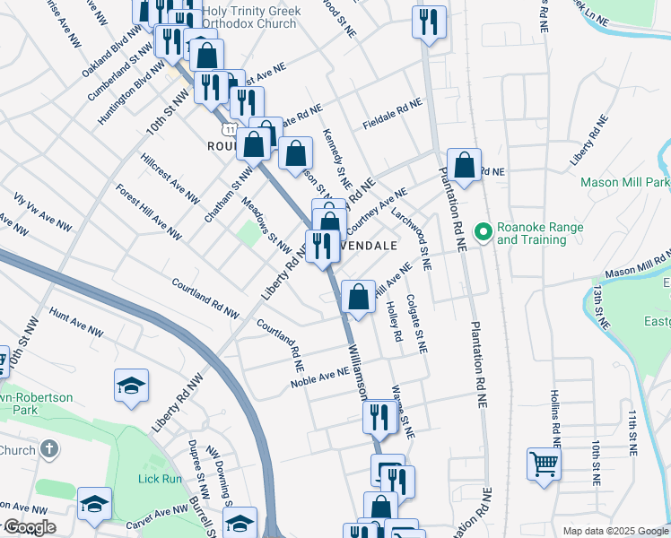 map of restaurants, bars, coffee shops, grocery stores, and more near 2403 Williamson Road Northeast in Roanoke