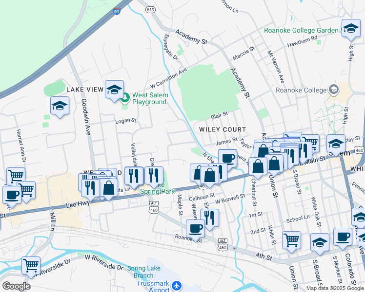 map of restaurants, bars, coffee shops, grocery stores, and more near 624 Lou Ann Street in Salem
