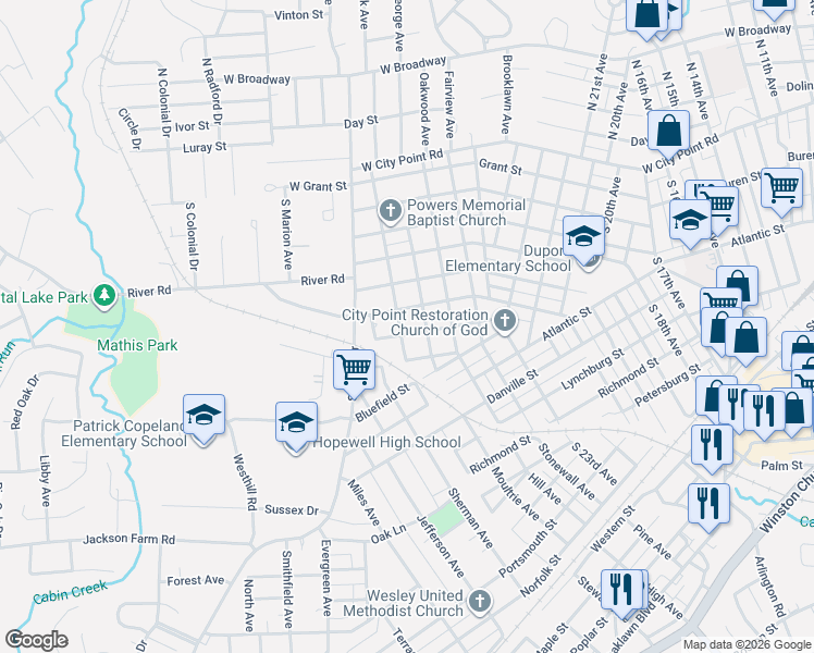 map of restaurants, bars, coffee shops, grocery stores, and more near 2716 Pickett Street in Hopewell