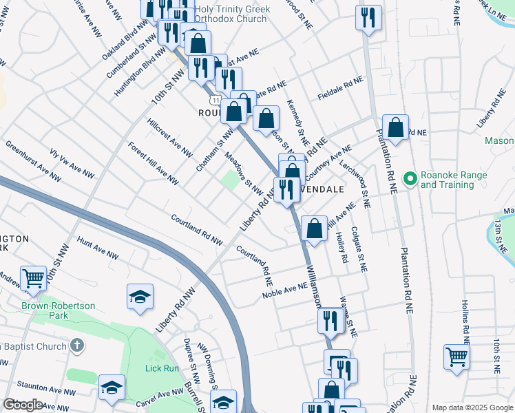 map of restaurants, bars, coffee shops, grocery stores, and more near 2604 Liberty Road Northwest in Roanoke