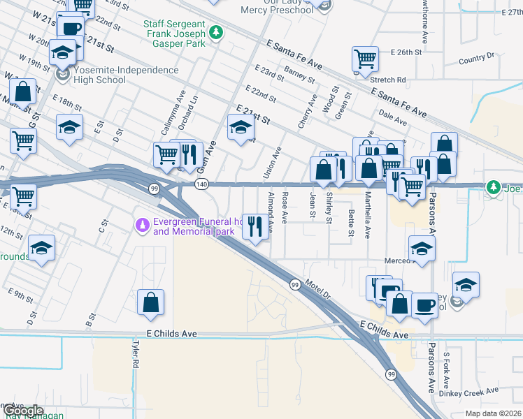 map of restaurants, bars, coffee shops, grocery stores, and more near 1750 Union Avenue in Merced