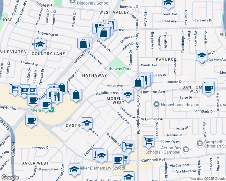 map of restaurants, bars, coffee shops, grocery stores, and more near 4410 Hilton Avenue in San Jose