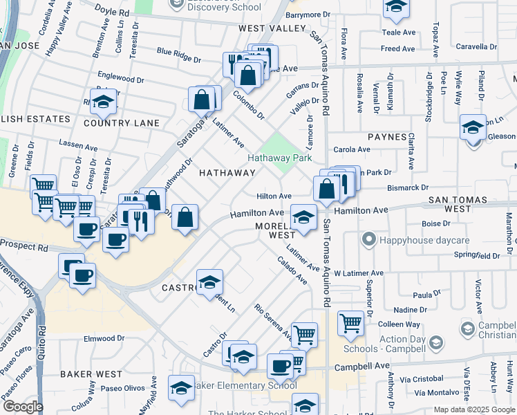 map of restaurants, bars, coffee shops, grocery stores, and more near 4474 Hilton Avenue in San Jose