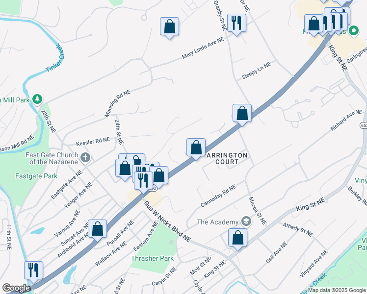 map of restaurants, bars, coffee shops, grocery stores, and more near 2512 Daleton Boulevard Northeast in Roanoke