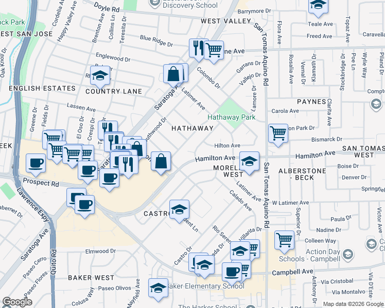 map of restaurants, bars, coffee shops, grocery stores, and more near 4555 Hamilton Avenue in San Jose