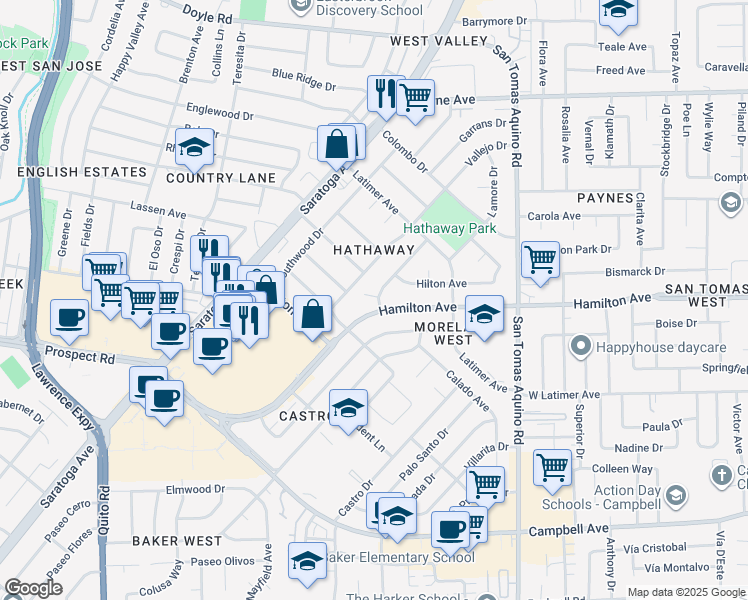 map of restaurants, bars, coffee shops, grocery stores, and more near 4555 Hamilton Avenue in San Jose