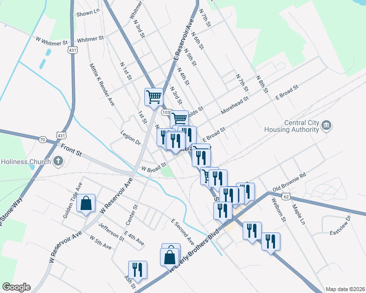 map of restaurants, bars, coffee shops, grocery stores, and more near 127 East Broad Street in Central City