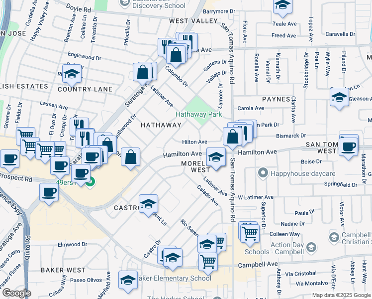 map of restaurants, bars, coffee shops, grocery stores, and more near 4455 Hamilton Avenue in San Jose