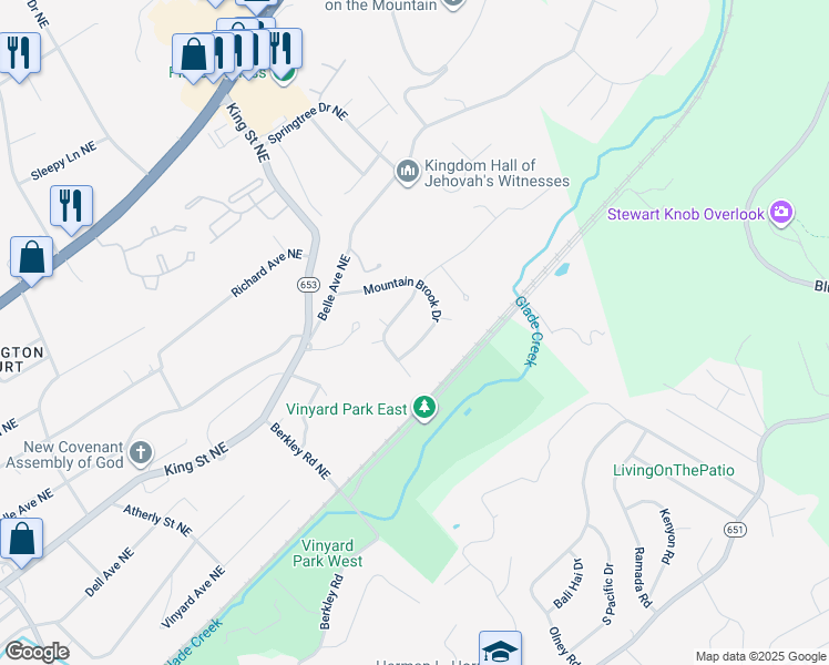 map of restaurants, bars, coffee shops, grocery stores, and more near 210 Mountain Brook Drive in Roanoke