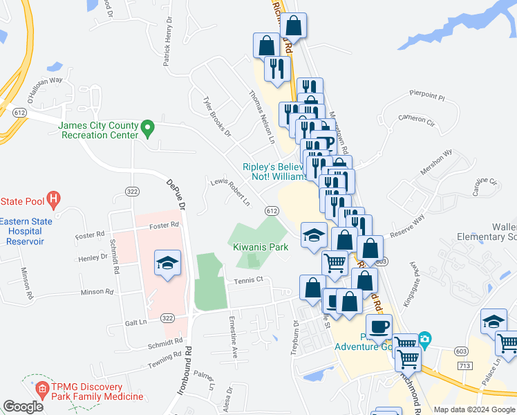 map of restaurants, bars, coffee shops, grocery stores, and more near 188 Lewis Robert Lane in Williamsburg