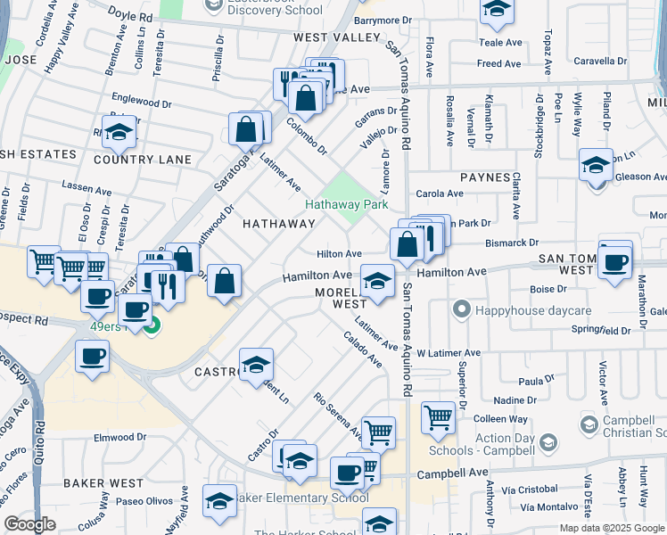 map of restaurants, bars, coffee shops, grocery stores, and more near 4410 Hilton Avenue in San Jose