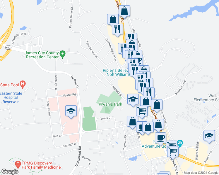 map of restaurants, bars, coffee shops, grocery stores, and more near 188 Lewis Robert Lane in Williamsburg