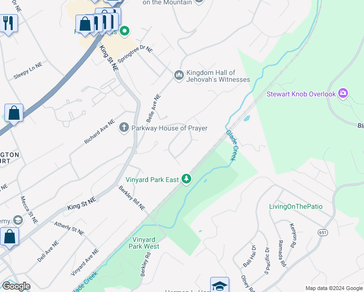 map of restaurants, bars, coffee shops, grocery stores, and more near 210 Mountain Brook Drive in Roanoke