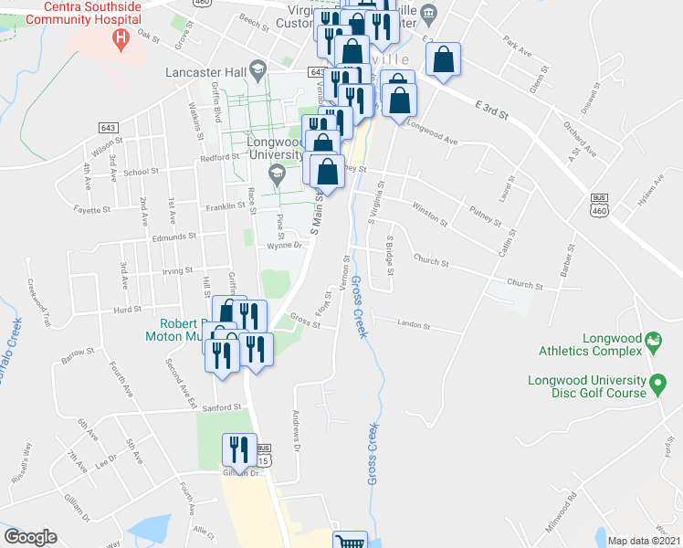 map of restaurants, bars, coffee shops, grocery stores, and more near 601 Vernon Street in Farmville