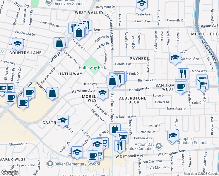map of restaurants, bars, coffee shops, grocery stores, and more near 389 San Tomas Aquino Road in San Jose