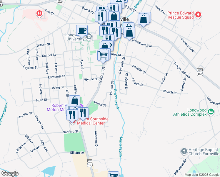 map of restaurants, bars, coffee shops, grocery stores, and more near 601 Vernon Street in Farmville