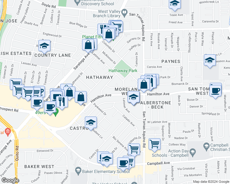 map of restaurants, bars, coffee shops, grocery stores, and more near 4455 Hamilton Avenue in San Jose