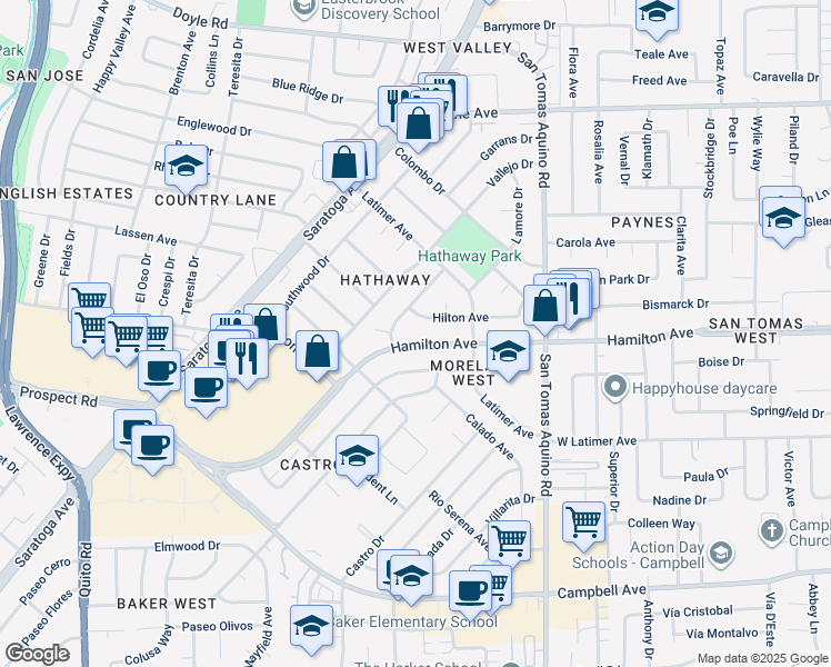 map of restaurants, bars, coffee shops, grocery stores, and more near 4515 Hamilton Avenue in San Jose