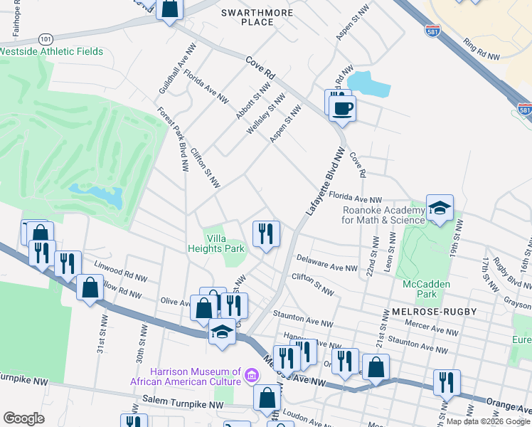 map of restaurants, bars, coffee shops, grocery stores, and more near in Roanoke