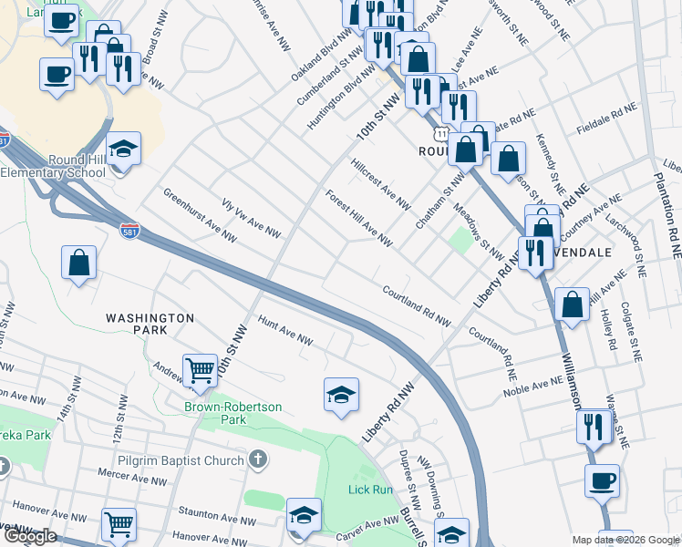 map of restaurants, bars, coffee shops, grocery stores, and more near 2301 Lyndhurst Street Northwest in Roanoke